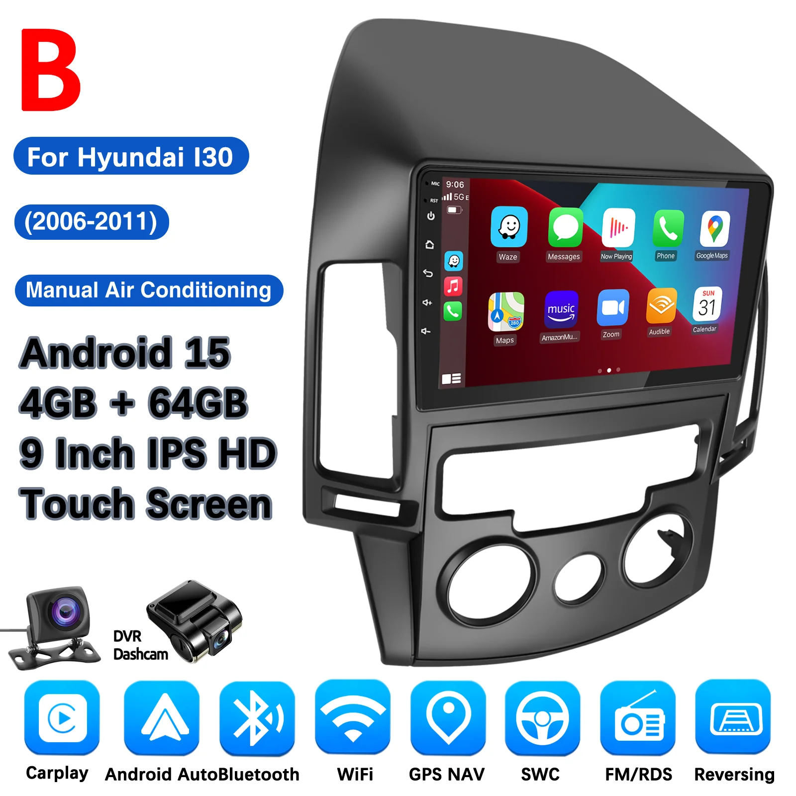 MOPECT 4+64GB Android 15 autoradio voor Hyundai I30 AT/MT 2006-2011 multimediaspeler GPS 2DIN autostereo draadloze CarPlay FM/AM
