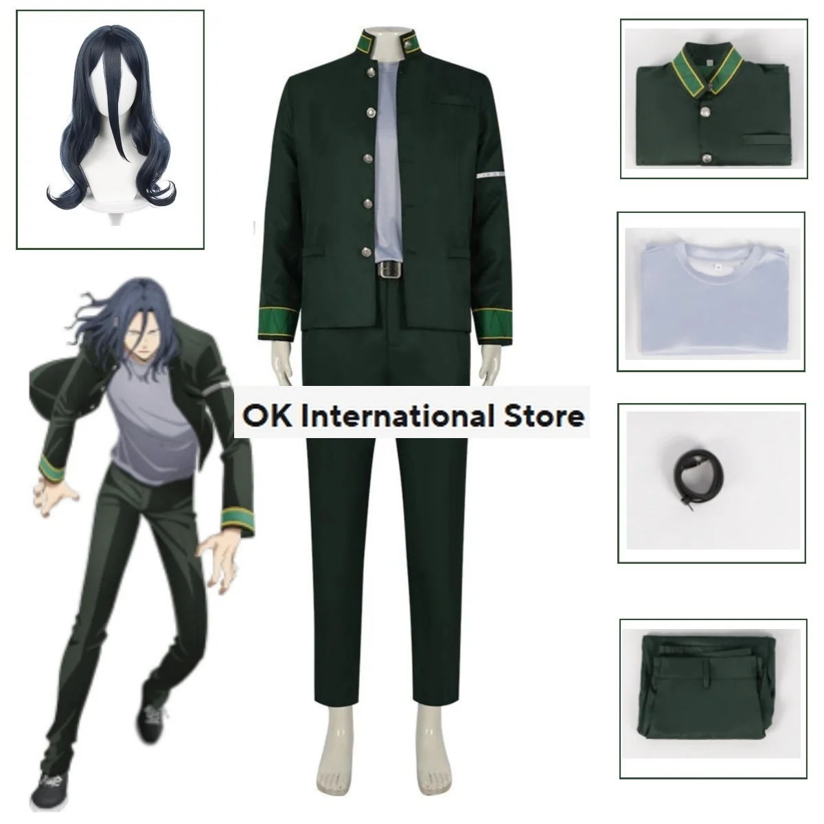 Kyotaro Sugishita Cosplay Costume pour garçon, brise-vent anime, uniforme de lycée, manteau, veste, chemise, pantalon, ceinture, vert trempé