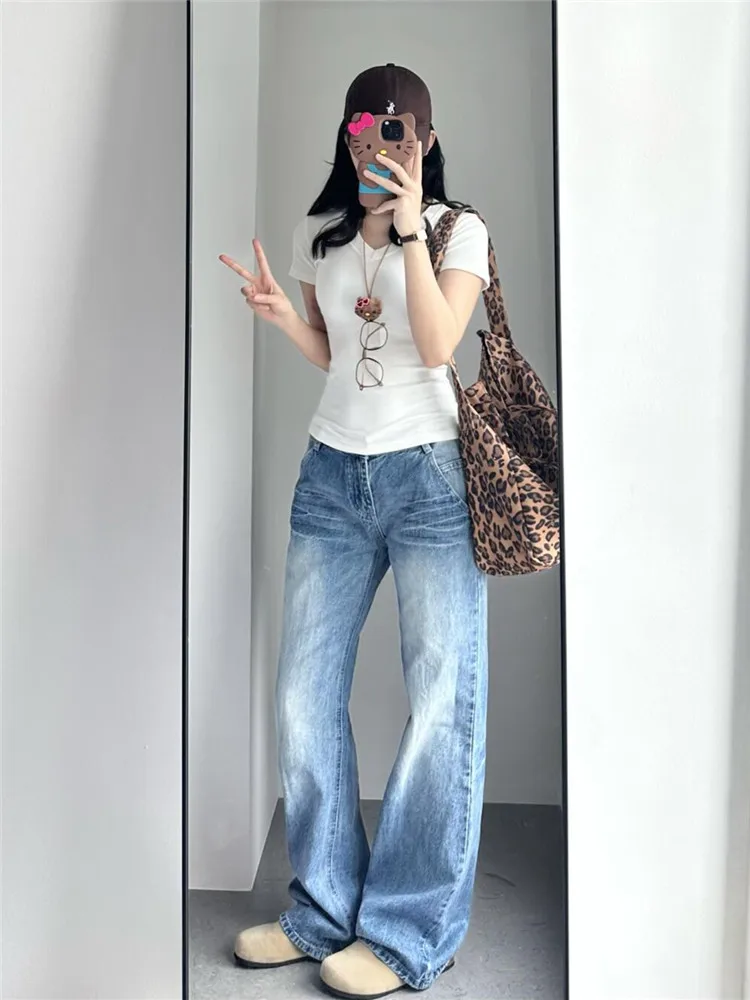 

Extended Vintage Faded Low Waist Flared Jeans Women's Spring Loose Slimming American Style Floor-Length Pants