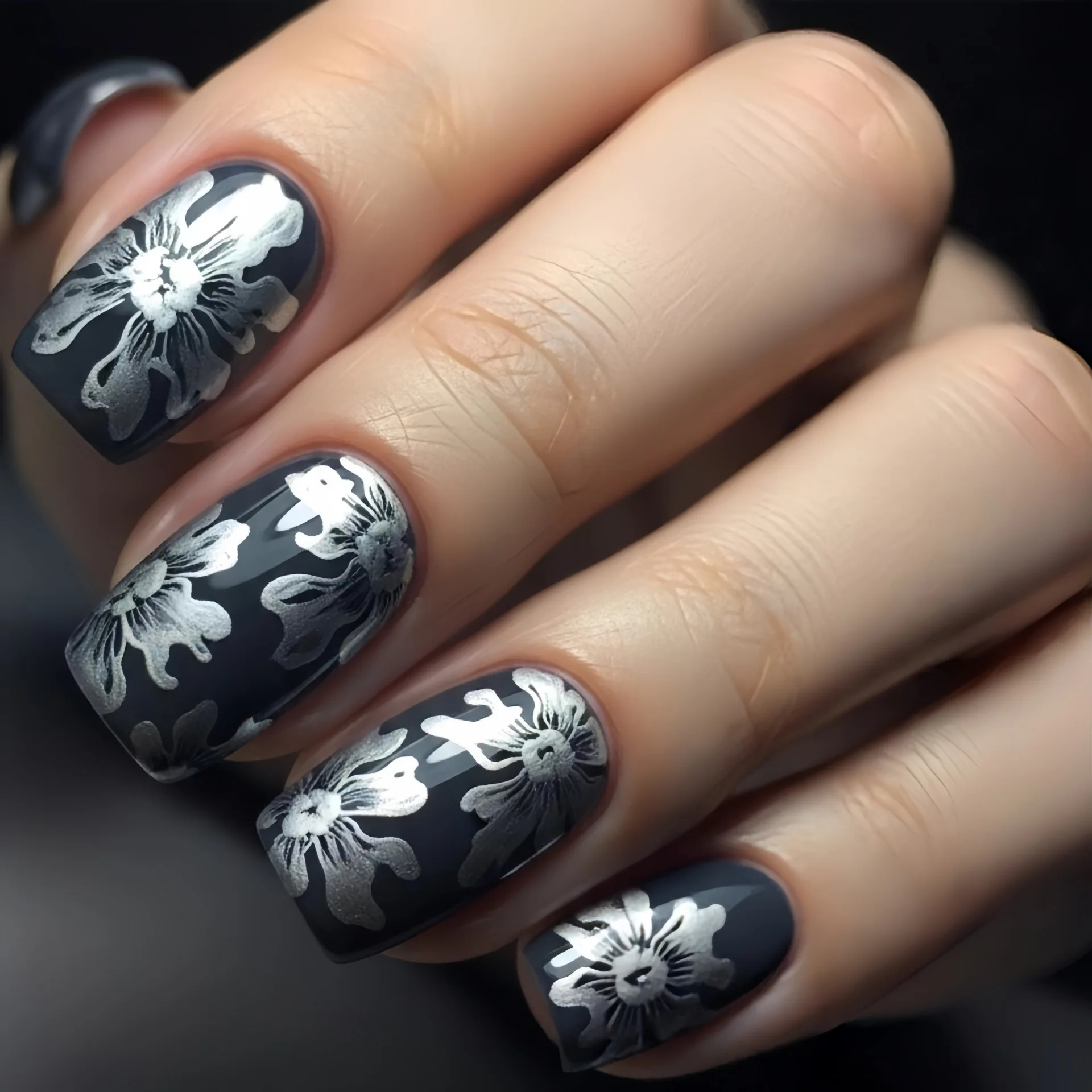 女性・女の子向けの短め・中程度のつけ爪、ゴールド・シルバーの葉っぱ・花柄デザイン、グラデーションオレンジ・グレー、アーモンド・スクエアチップ、プレスオンネイル