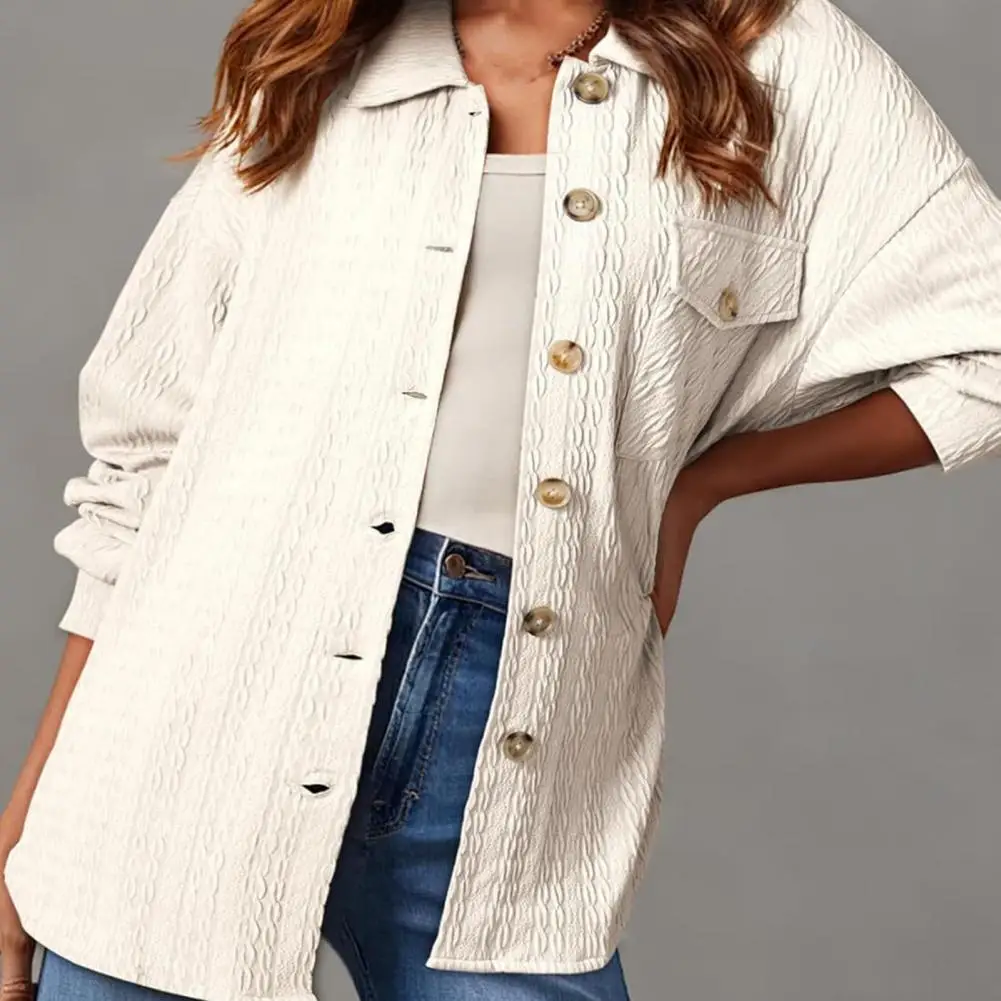 Women Button-down Shirt Stylish Lapel Long Sleeve Shirt Jacket for Women with Flap Pocket Twist Texture Oversized Fit for Wear