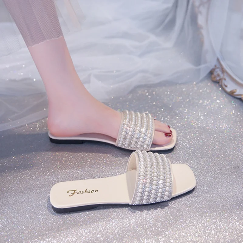 Summer Women Simple Square Open Toe Flat Slide Sandals Faux Leather Lightweight Beach Outdoor Daily Shoes