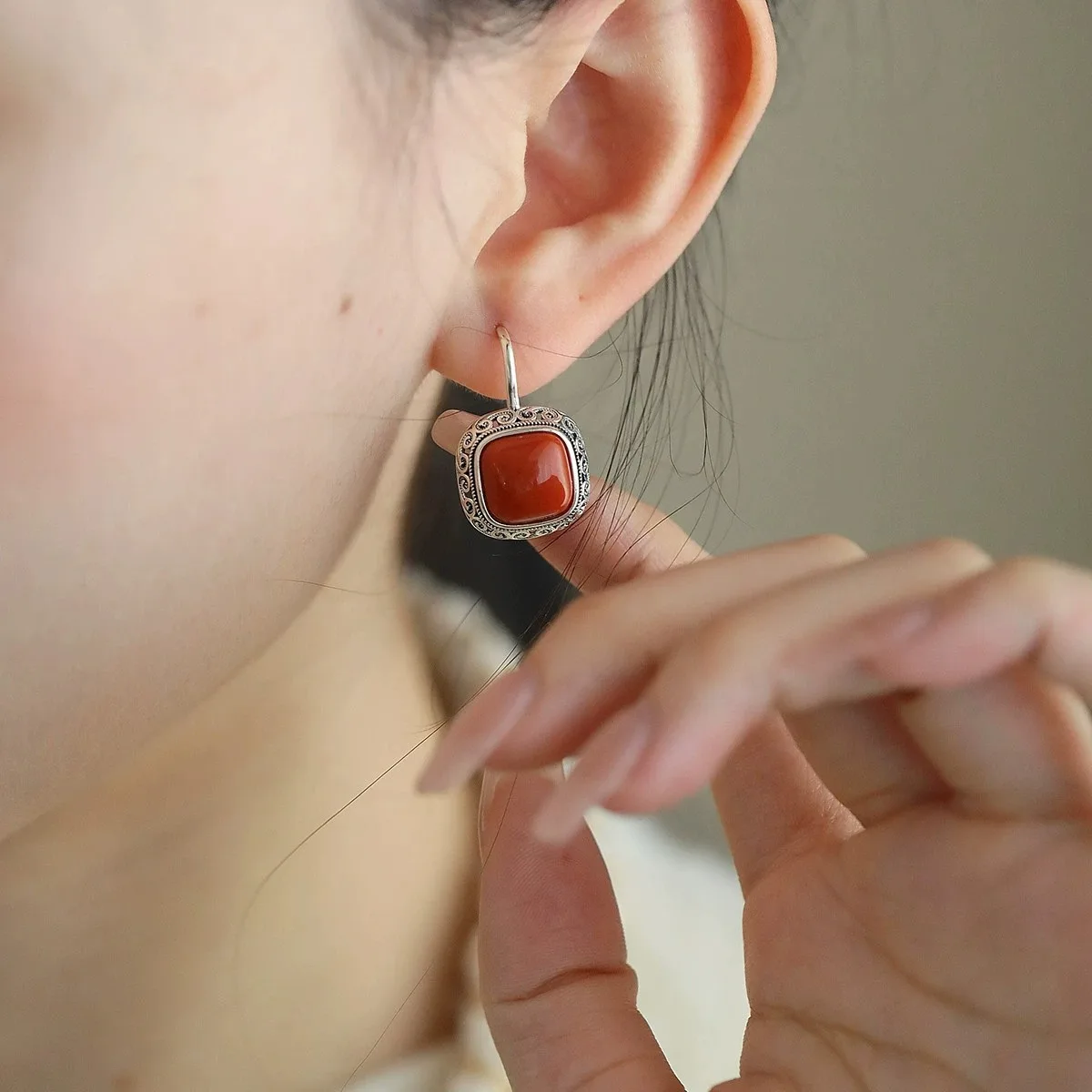 Vintage silver 925 Tang Grass Auspicious Cloud Embossed yellow and red Square earings Honey Wax earrings for women Jewelry