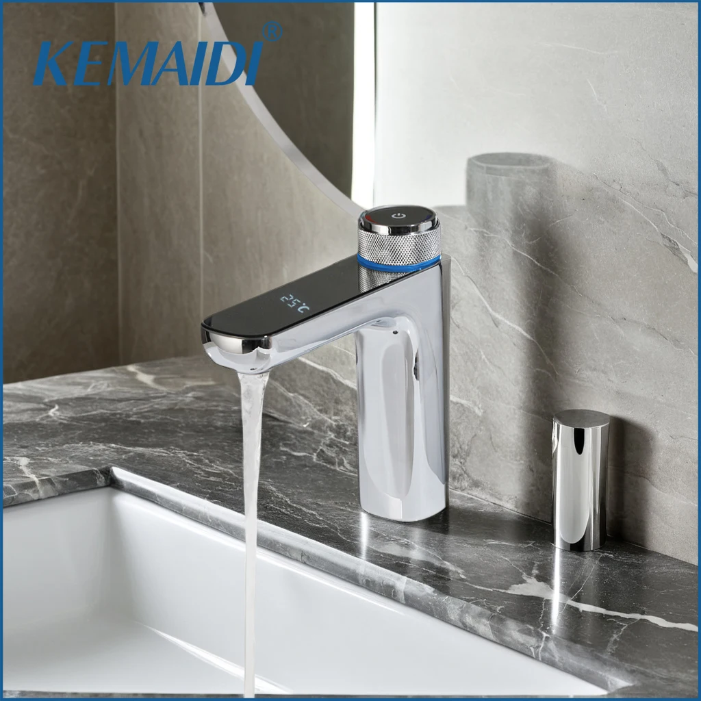 

KEMAIDI Bathroom Basin Sink Faucet with Temperature Digital Display Cold and Hot Water Mixer Faucets Brass Tap Deck Mounted