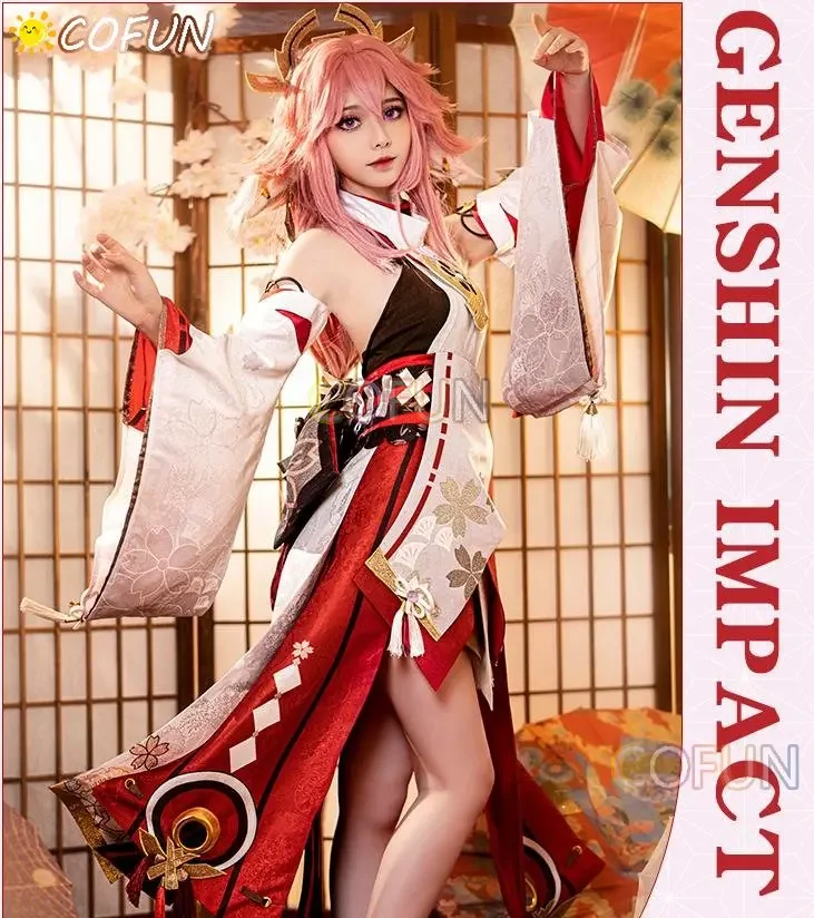 COFUN Genshin Impact Yae Miko Game Suit Elegant Kimono Uniform Cosplay Costume Halloween Party Role Play Outfit For Women