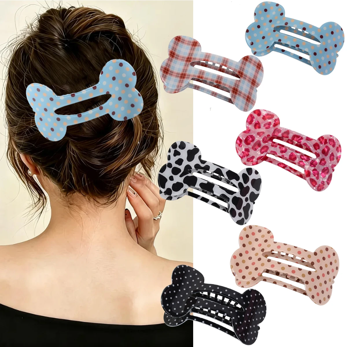 Cute Bone Shape Hair Claw Clip Multi Print Polka Dot Plaid Leopard Print Acrylic Hair Grips Women Sweet Barrettes Accessories