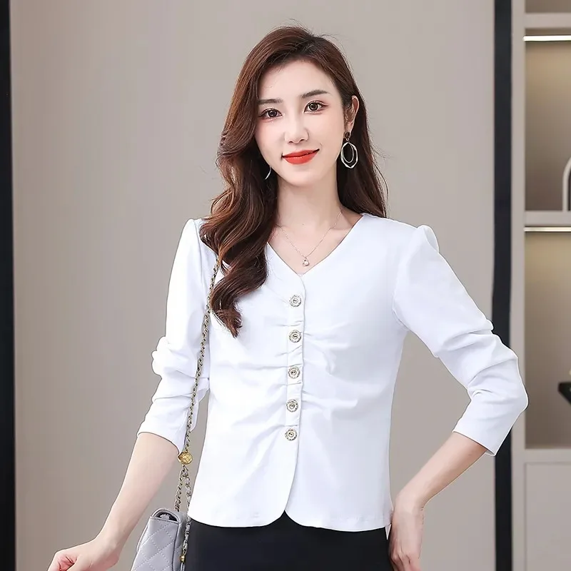 

Элегантная женская блузка с V-образным вырезом и сборками, с золотыми пуговицами, приталенный топ для офиса и повседневной носки