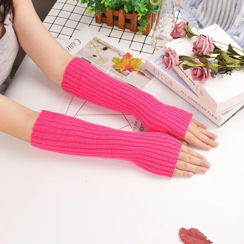 Female Colorful Long Arm Sleeves Solid Color Autumn Winter Knitted Fingerless Gloves Girl Half Finger Mittens Warm False Sleeves