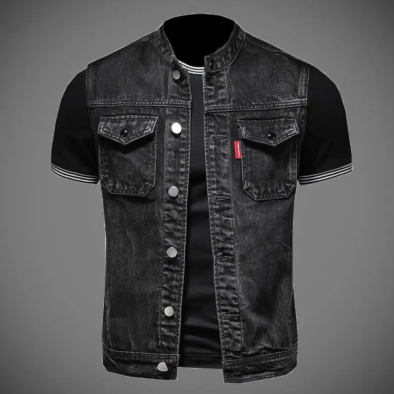 New 2025 Korean Style Men's Casual Black with Single-Breasted Stylish Cowboy Waistcoat Summer Cotton Denim Jeans Coat Vest