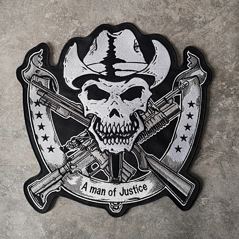Righteous  Double Gun Skeleton Embroidery  Patch Back Logo Motorcycle Horseman  Personalized Leather Vest Decoration 29*29cm