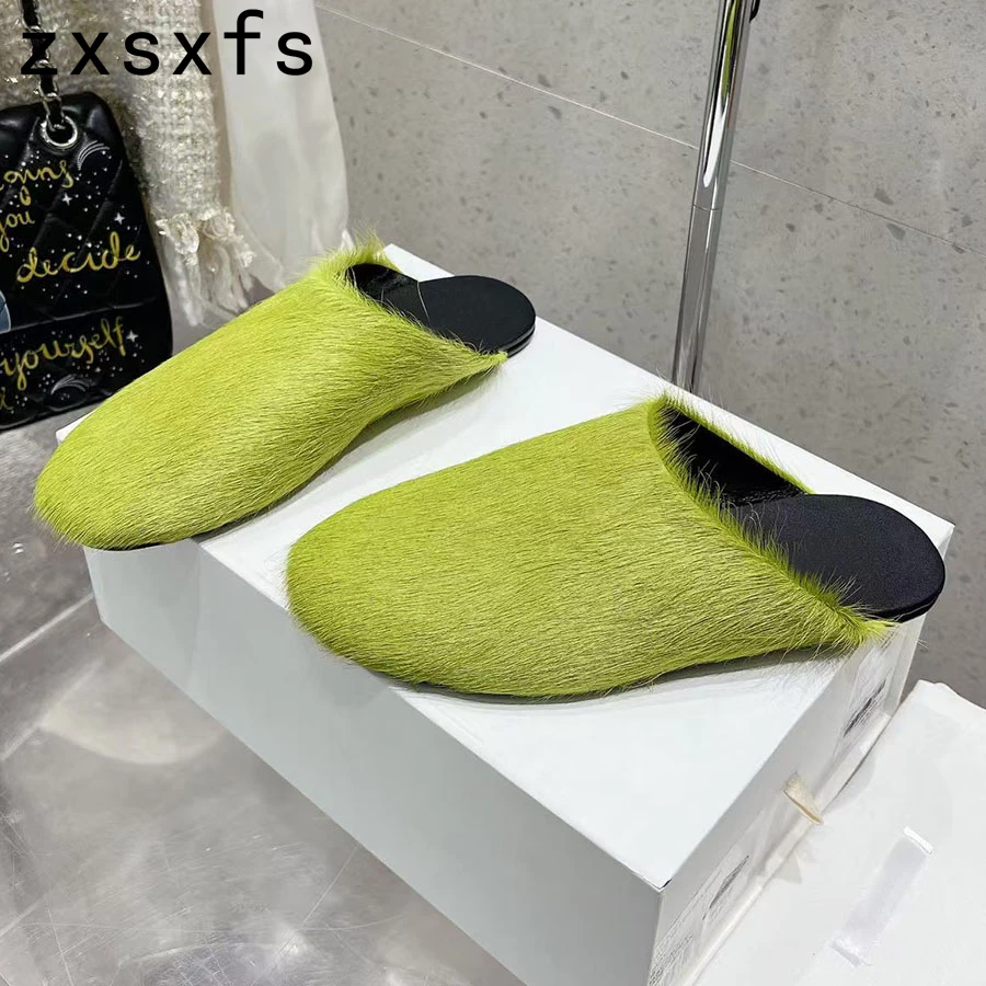 

Autumn Horse Hair Flat Half Slippers Women Sandals Platform Casual Slides Holiday Beach Shoes For Women Summer Women Slippers