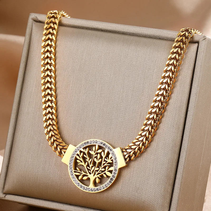 316L Stainless Steel Thick Chain With Micro Inlaid Zircon Life Tree Pendant Hip-hop Women's Necklace