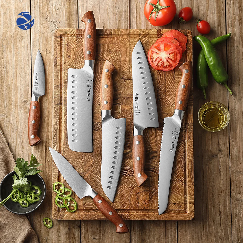 New Kitchen 6 Pcs Chef Knives Set High Quality German Steel Red Wood Handle