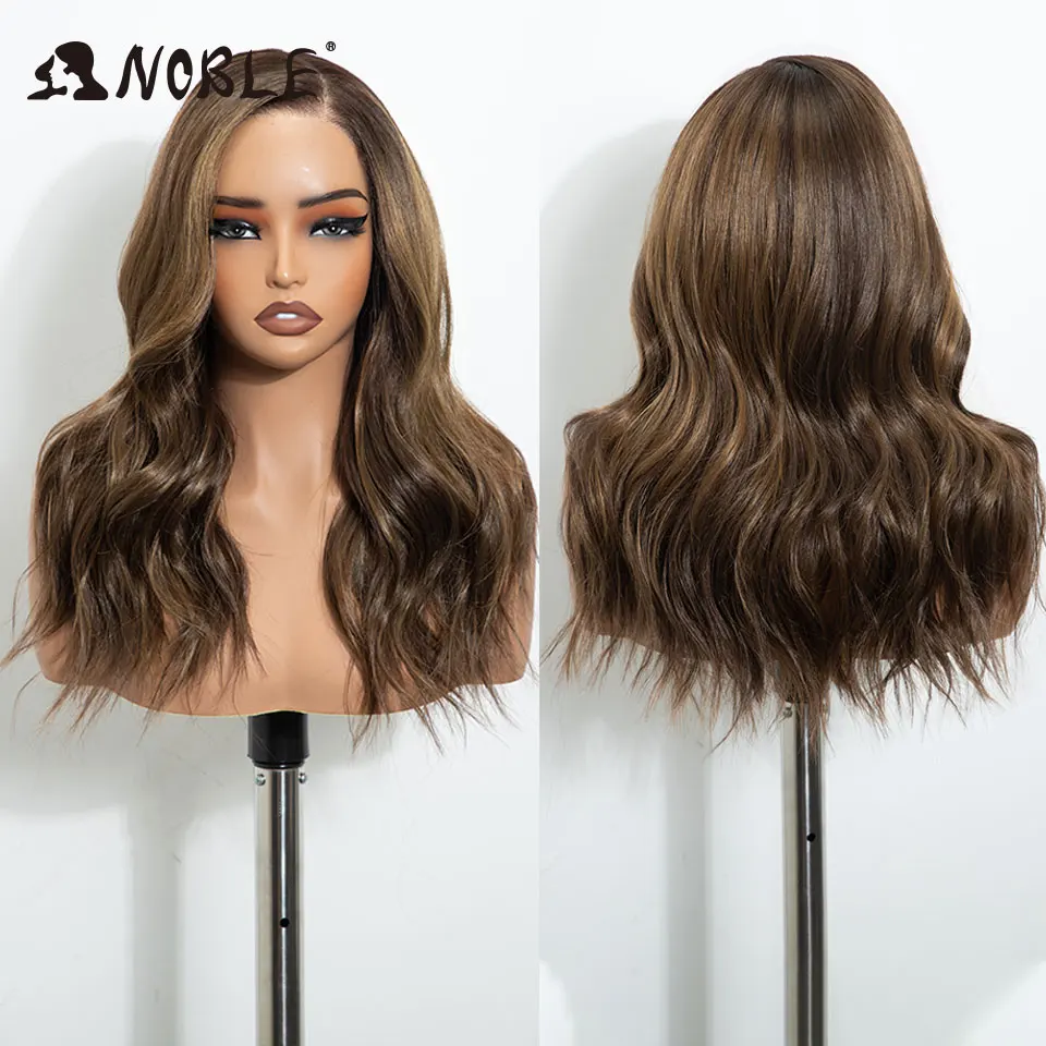 Edle synthetische Lace-Front-Perücke, 6x4, mit freiem Scheitel, vorgezupfte, gewellte Perücke, 18 Zoll, gewellte, gestufte Perücke, Ombré-Braun-Blond-Perücken für Damen. – Detail 5