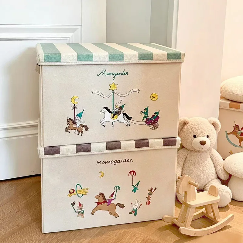 Fresh Circus Show Collapsible Toys Organizer Storage Box Heavy Embroidery Reusable Kids Cloth Sundries with Lid Handles
