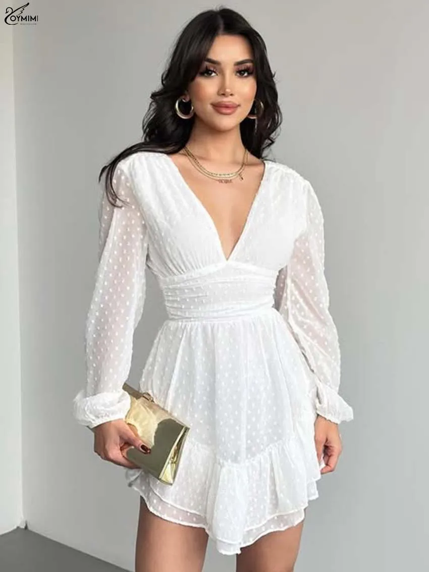 

Oymimi Fashion White V-Neck Womens Dresses Eleagnt Long Sleeve High Waisted Dresses Casual New Pleated Mini Dress Streetwear
