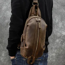 Vintage Genuine Leather Crazy Horse Leather Men Chest Pack Mini Cowhide Messenger Gags Fashion Sling Bag Single Shoulder Bag