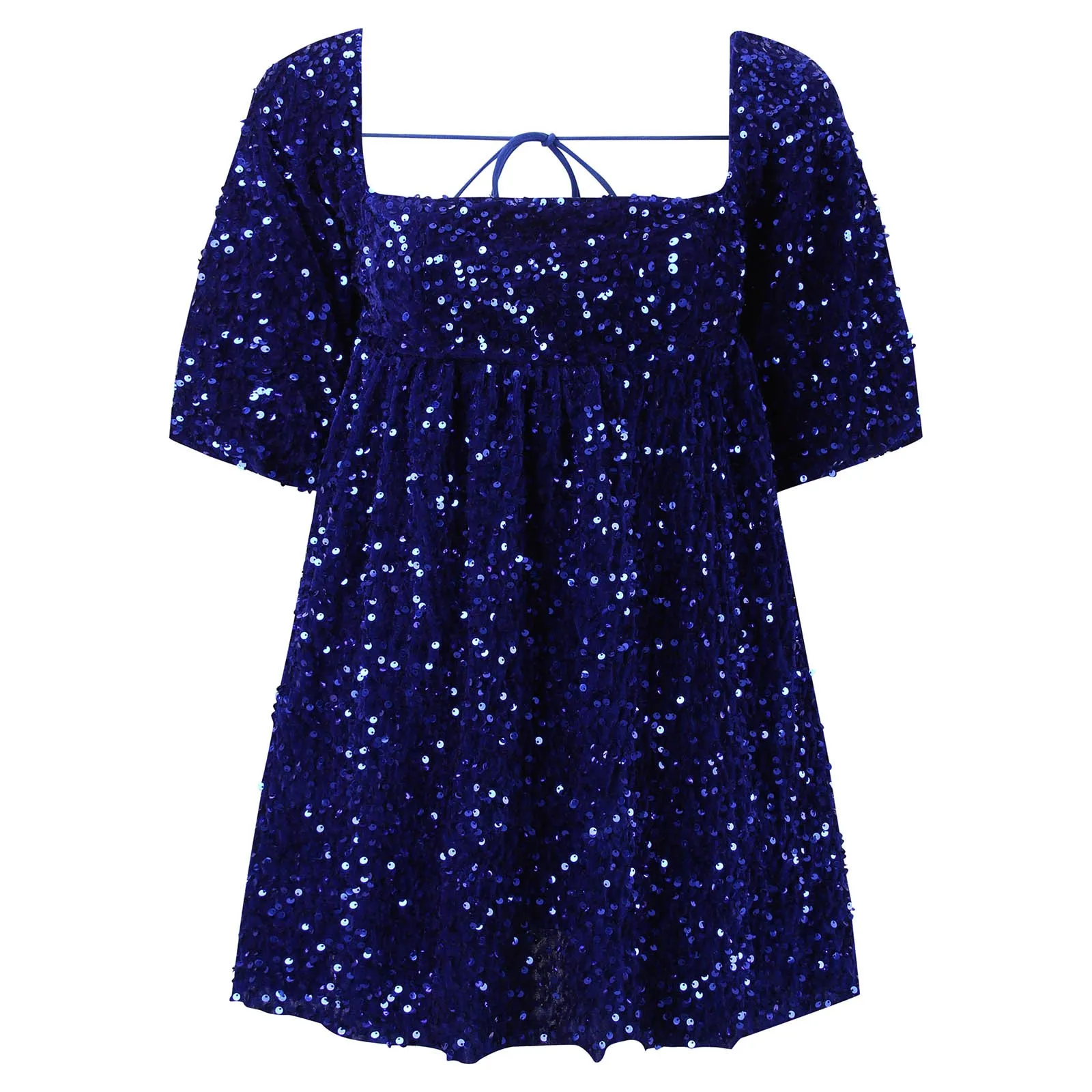 Robe à paillettes à col carré pour femmes, manches bouffantes, paillettes scintillantes, dos nu élégant, mini robe de soirée sexy, vêtements d'interdiction