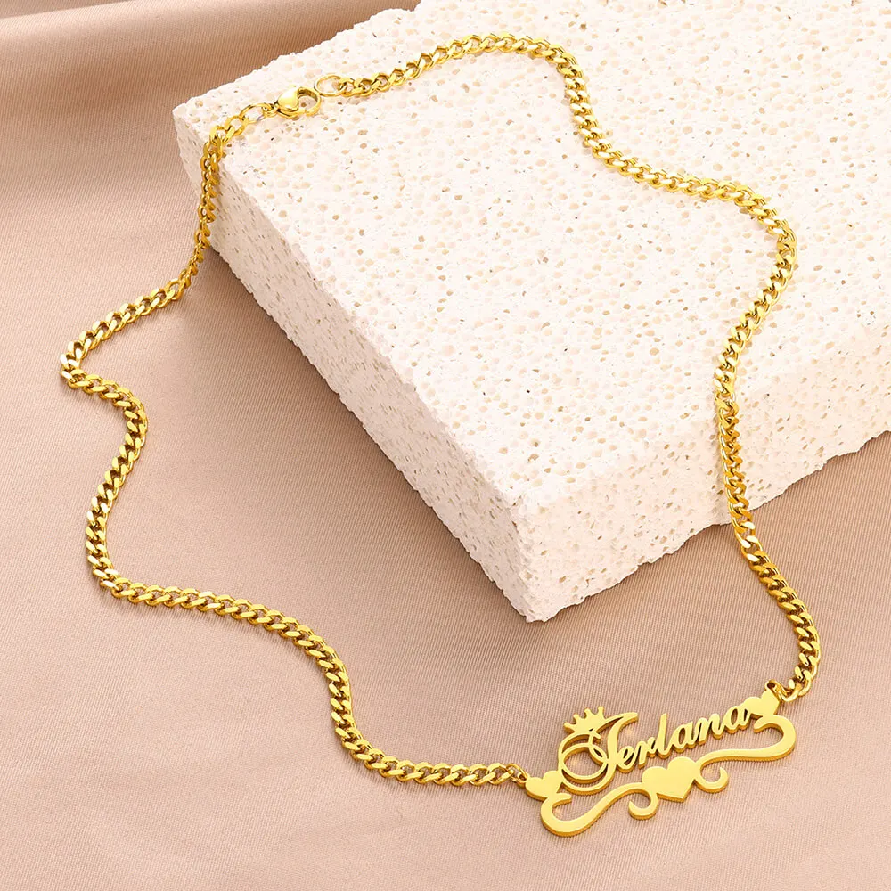 Custom Gold Color Crown Name Necklace Women Girl Jewelry Stainless Steel Cuban Chain Heart Ribbon Nameplate Pendant Necklace