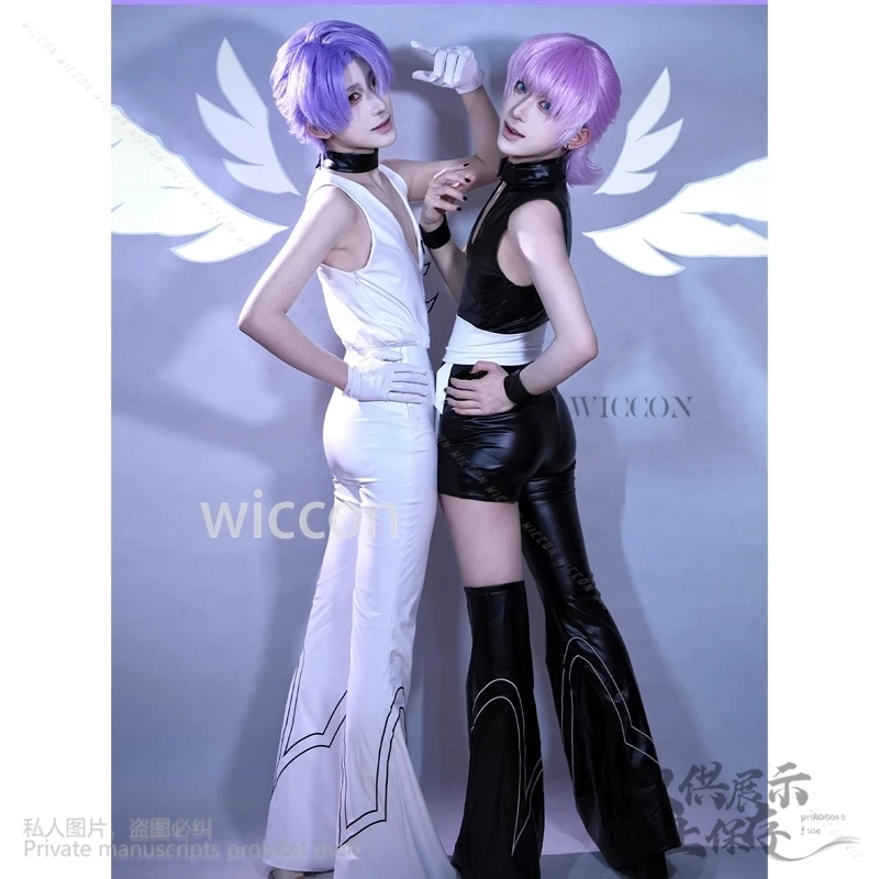 Angel Brother Jirai Kei أنيمي جديد اللباس الداخلي والتخزين مع Garterbelt تأثيري مخصص رائجة البيع اللاتكس Catsuit أسود أبيض الباروكات