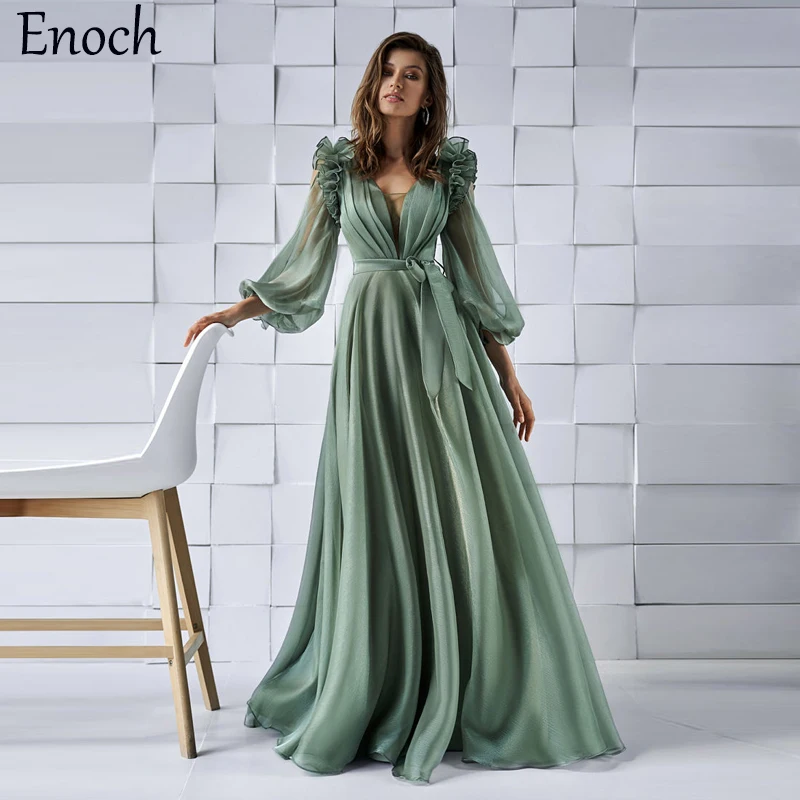 

ENOCH Modern Long Puff Sleeves Evening Dresses with Belt V-Neck Ruched Zipper Chiffon Prom Gowns Sweep Train Vestidos De Novia