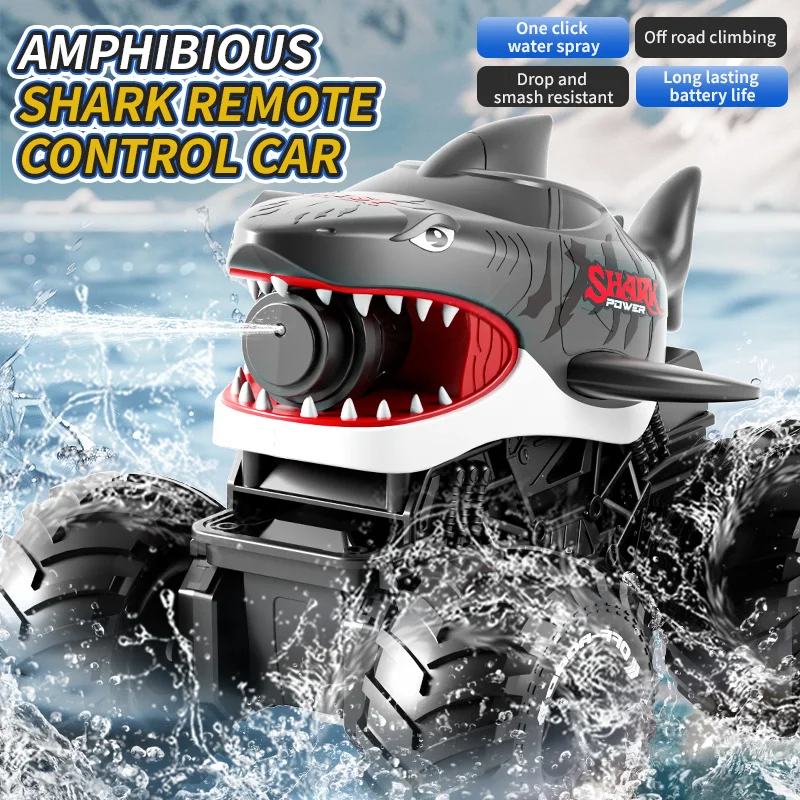 Veículo anfíbio de tubarão para carro RC à prova d'água com pistola de água de alcance de 10m, absorção automática de água, 150ml, 2,4 GHz, brinquedos para meninos e meninas