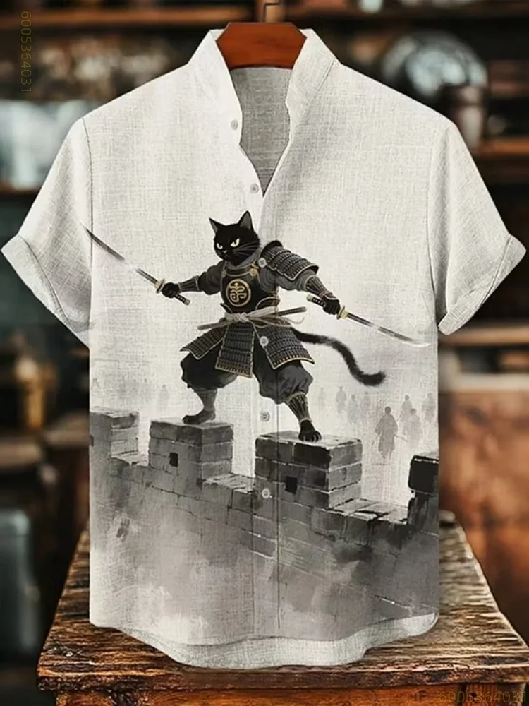Men's Archery Warrior Print Hawaiian Men's Stand Collar Short Sleeve Shirt Commuting Comfortable Casual Loose Versatile Shirt