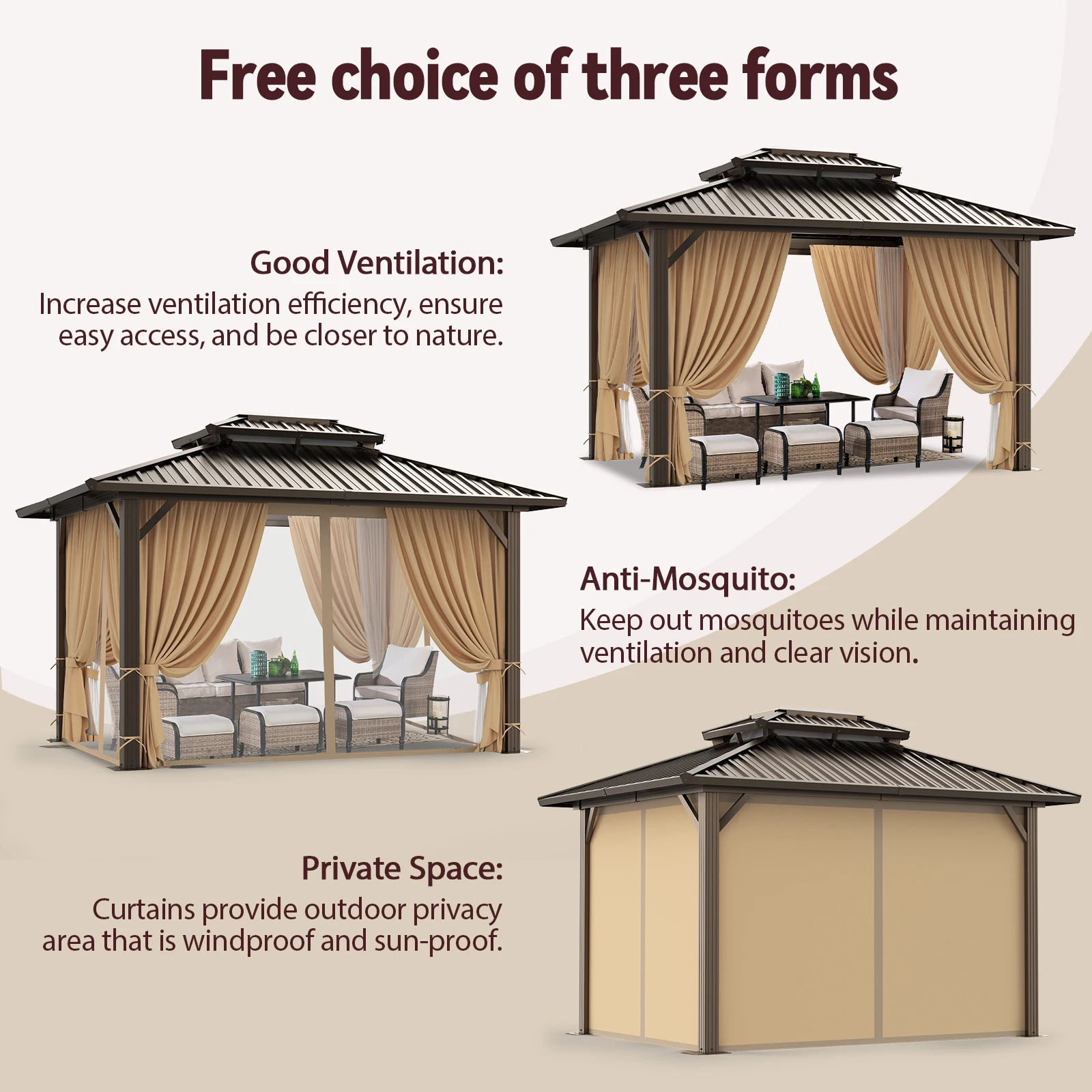 10x12 Hardtop Gazebo, Heavy Duty Galvanized Steel Double Roof Metal Gazebo with Netting and Curtains, Permanent Outdoor Pavilion Pergola for Backyard, Patio, Garden and Lawn, Flame-Resistant Cabana Shelter, Black view 8