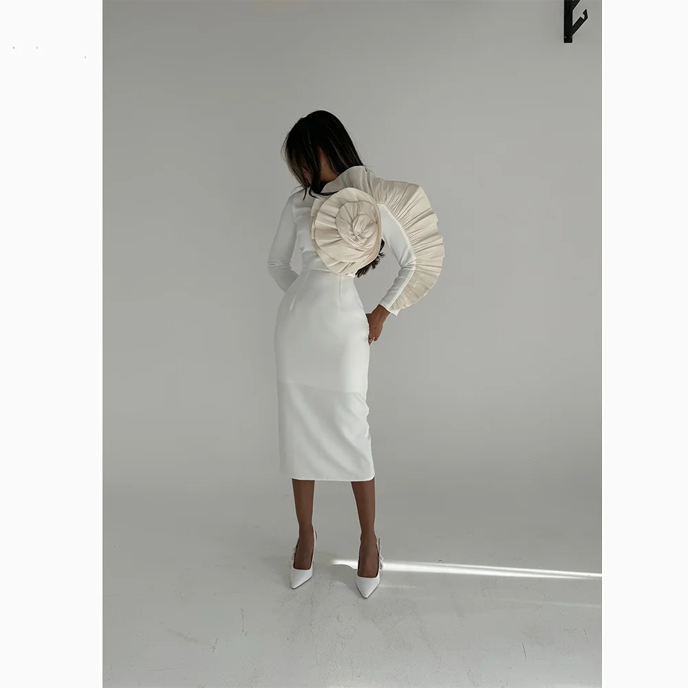 

White Prom Dress Simple O-Neck Long Sleeves Knee Length Dresses Evening Pleat Jersey Straight Party Dress Customized 2025