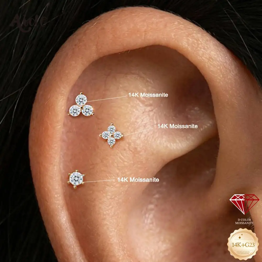 Aide 14K Gold S/M/L Moissanite Flat Back Piercing Earring 5/6/8mm Implanted Grade Titanium Back Dainty Studs Jewelry For Women