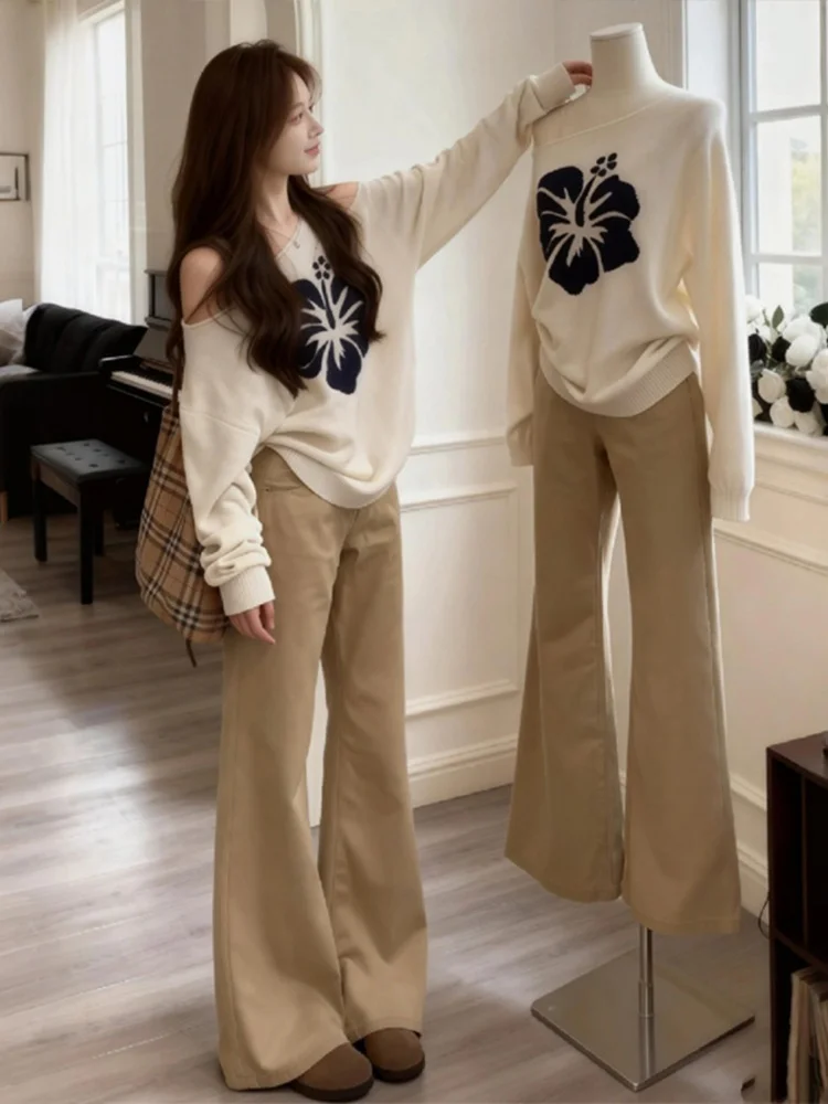 

Хаки, американские джинсы с низкой талией и расклешенной подкладкой, женские зимние новые непролегающие брюки длиной до пола, брюки-труба