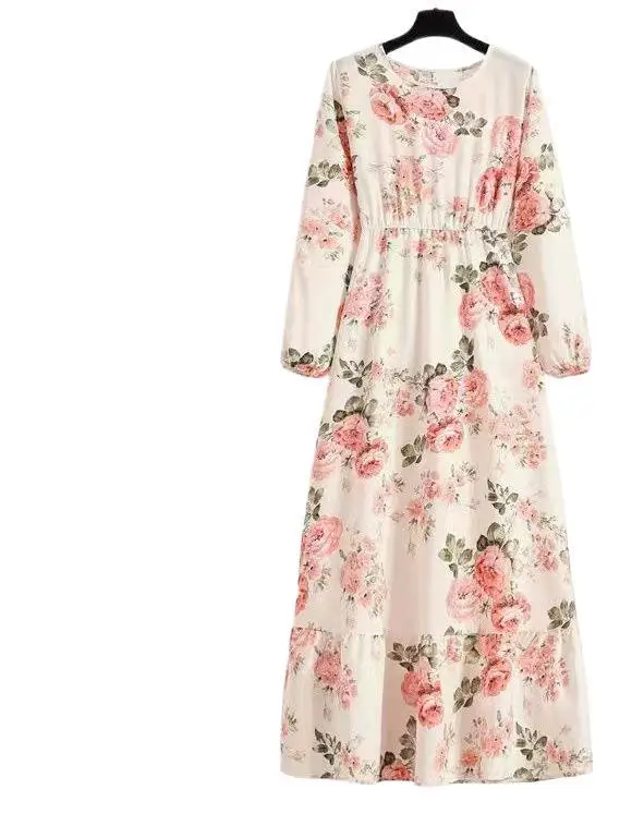 Primavera verão feminino maxi vestidos casuais manga cheia floral impresso o pescoço mulher bohe praia festa vestido longo mujer vestidos
