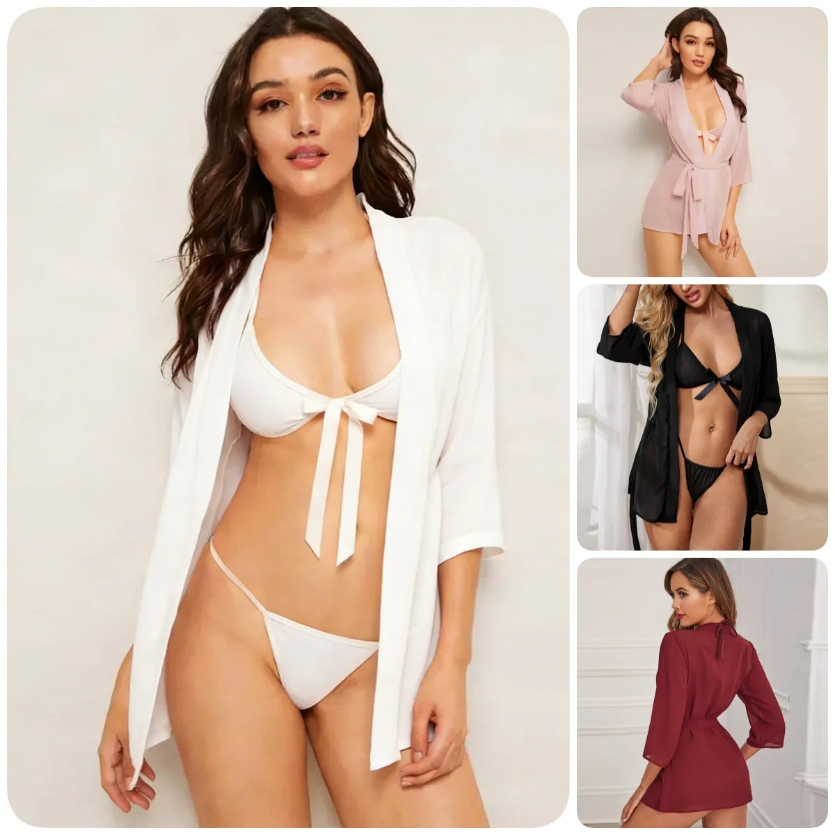 Sexy Chiffon Skin-friendly Perspective Set Multi-color Cardigan Strap-up Robe Underwear Two-piece Set Cw41923