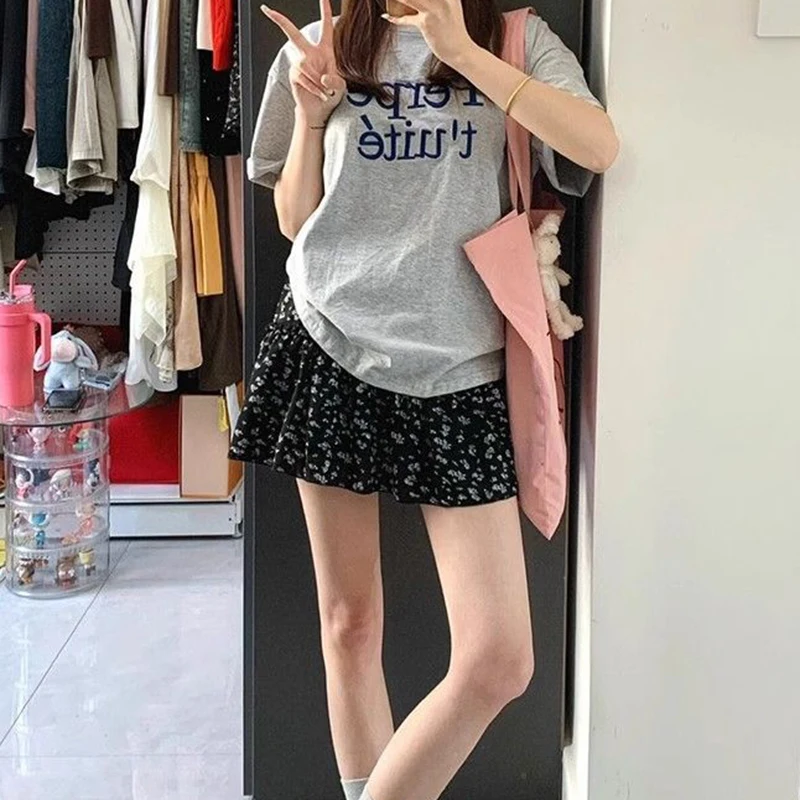 Summer Floral Black Loose Women Mini Skirt High Waist Sweet Kawaii Commuting Simple Female Cake Skirt Fresh Cate Ladies Skirt