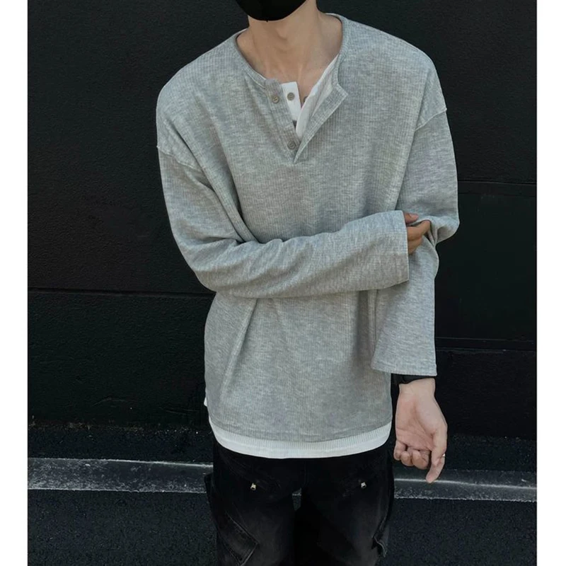 Men Henley Long Sleeve T Shirt Spring Fake Two Piece Fashion Casual Harajuku Basic Oversized All-match Clothing Daily Black Grey