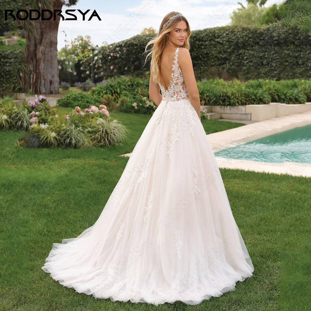 RODDRSYA-vestido de novia de encaje, traje de novia sin mangas con espalda descubierta y cuello en v, apliques de tul de línea a, personalizado, 2024Vestido de novia de encaje roddrsya 2024 novia sin mangas y sin espal