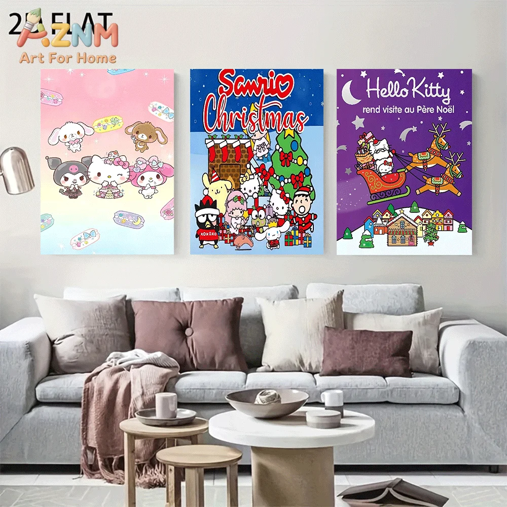 AZNM Sanrio Characters Canvas Wall Art Unframed Cute Cartoon Christmas Theme Hello Kitty Friends Sleigh Tree Print Painting Girl