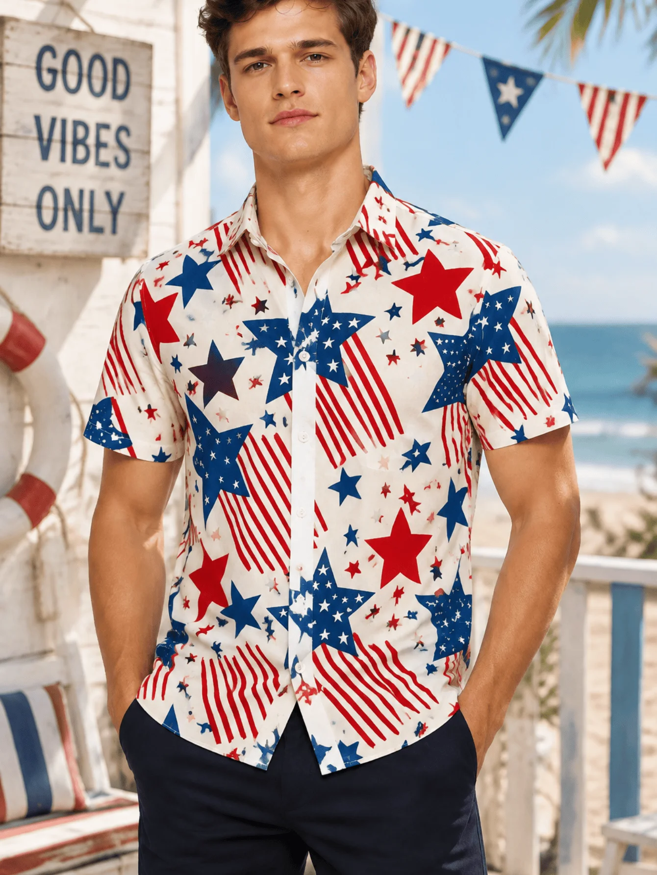 Men vintage beige abstract random print hawaiian shirt loose fit breathable top for beach party travel daily casual wear