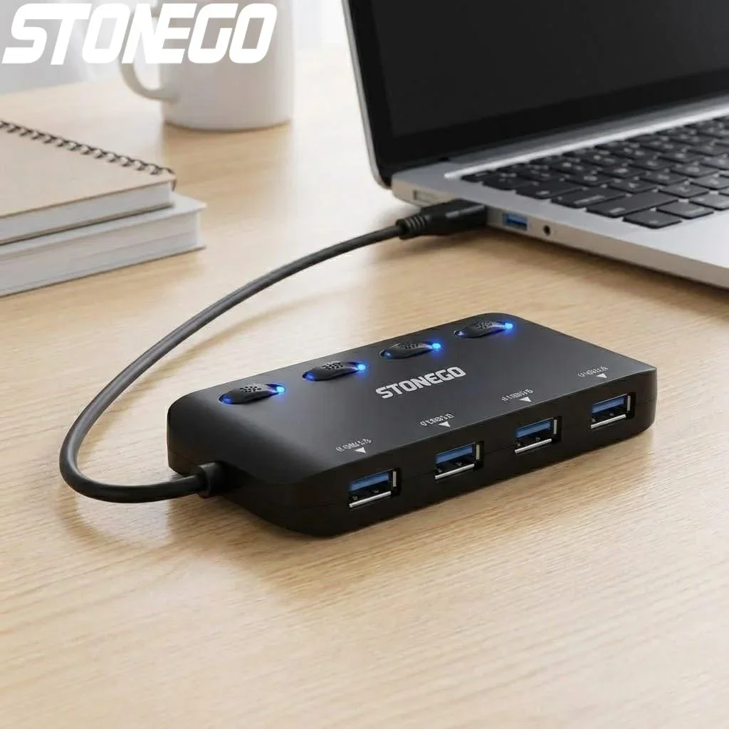 Ultra Slim 4 Port USB 3.0 Hub Adapter with Individual Power Switches High Speed Data Extender for Laptop Desktop