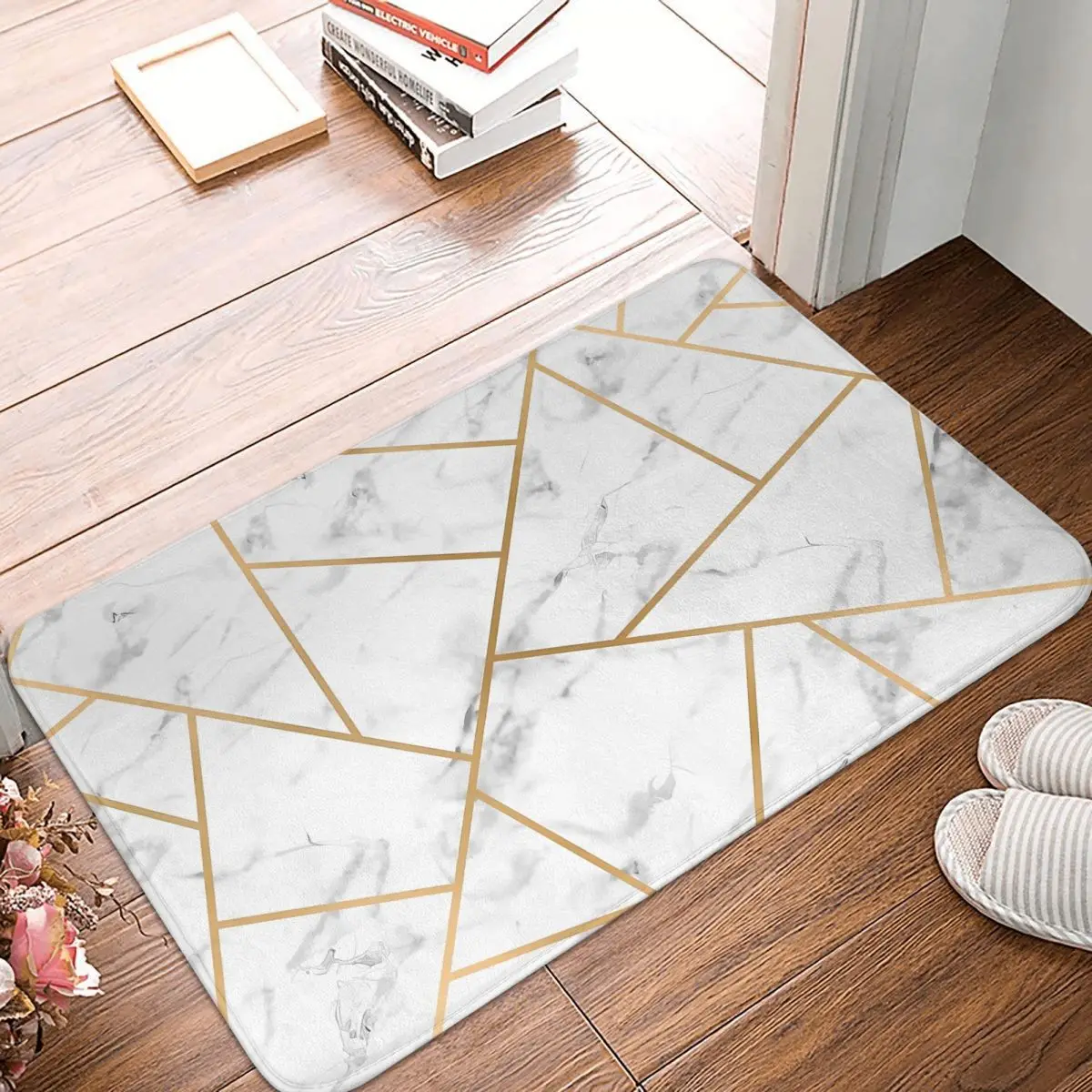 Geometric Lines Bath Mat White Marble and Gold Protective Toilet Pad Kitchen Shower Door Anti-Slip Foot Mat Bathroom Carpet