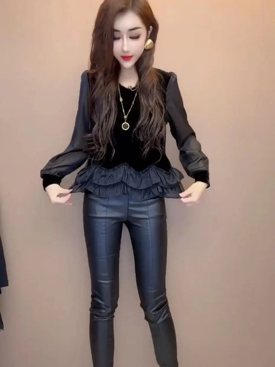 Korean style autumn and winter new style fashionable slim long-sleeved top for women's fashionable spliced velvet shirt