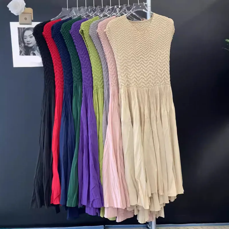 

Fashion Summer Dresses Solid Color Pleated Sleeved Maxi Dress High Waist Clothing