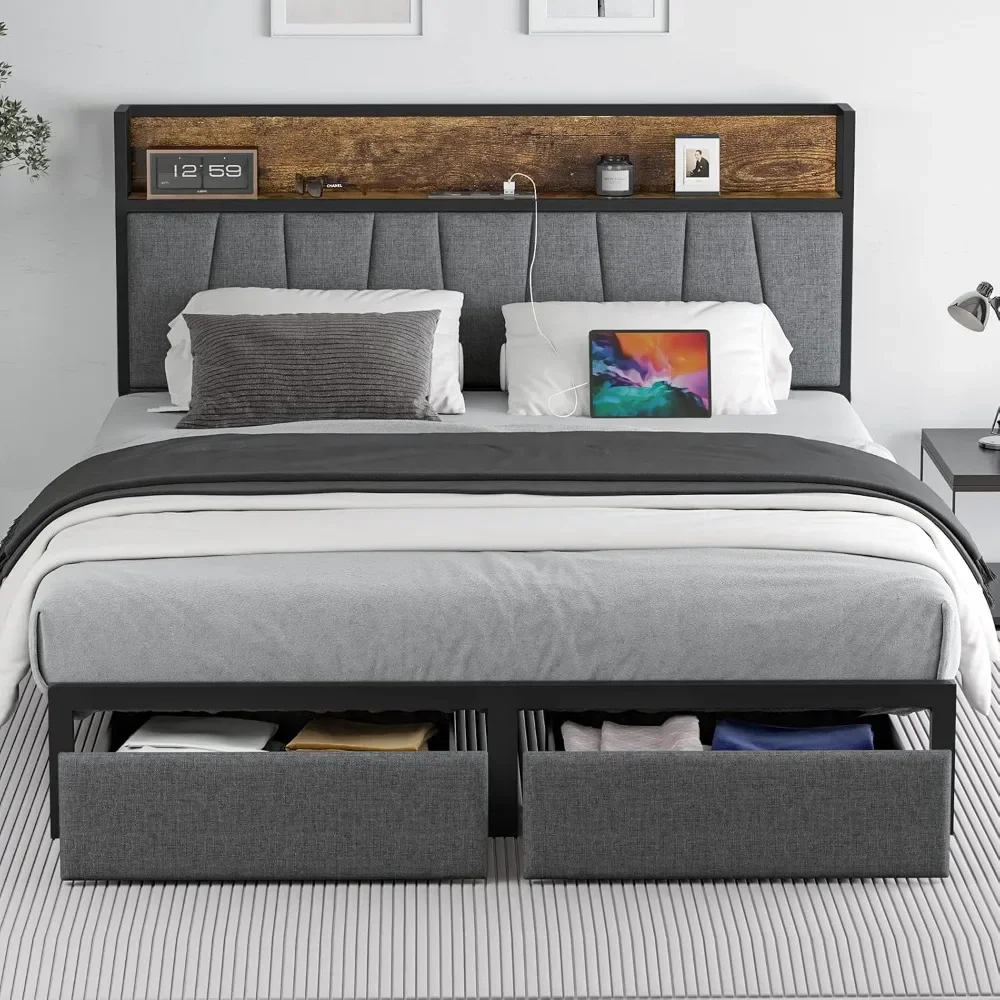 Queen Size Bed Frame with Headboard and Storage, Drawers, Chargin Station, LED Light, Heavy Duty Platform Bed Frame