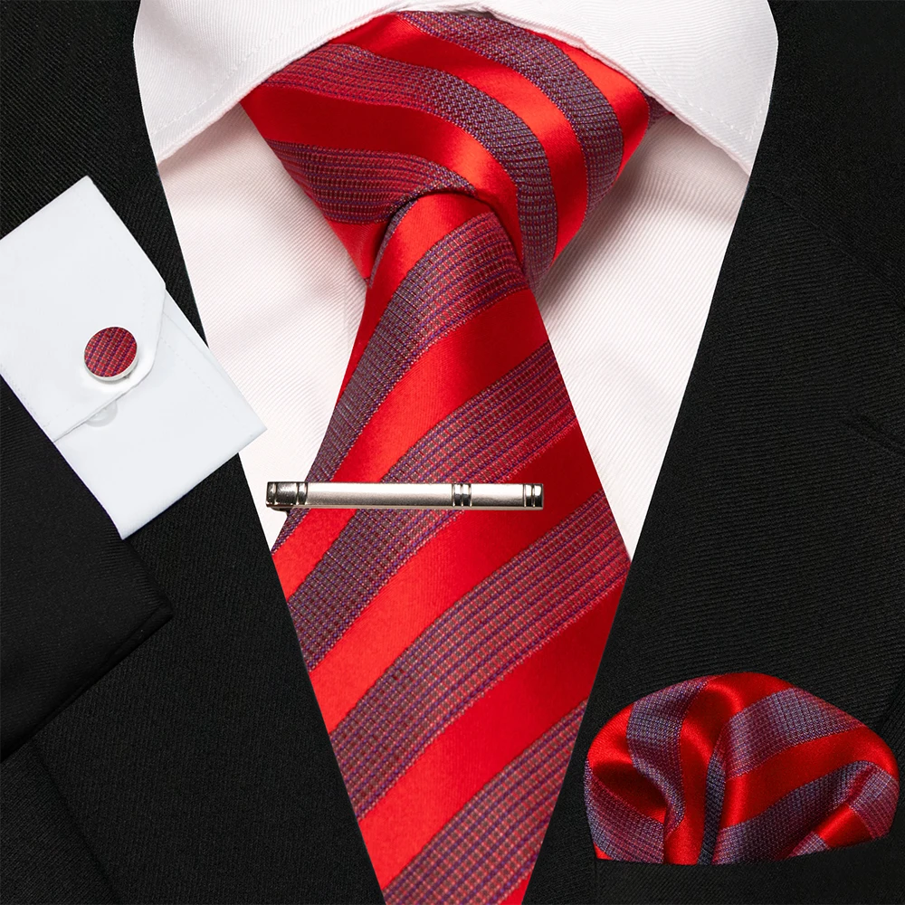 KAMBERFT Marineblau Gestreifte Seidenkrawatte für Herren, Modisches Design, Geschenkset mit Taschentuch und Manschettenknöpfen, Business-Party-Gravata – Detail 9
