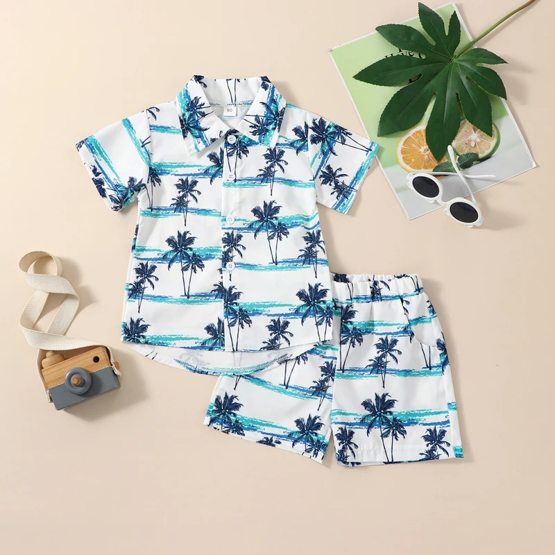 Toddler Boy Summer Hawaiian Clothes Set Tree Print Short Sleeve Lapel Button Shirt Elastic Waist Shorts