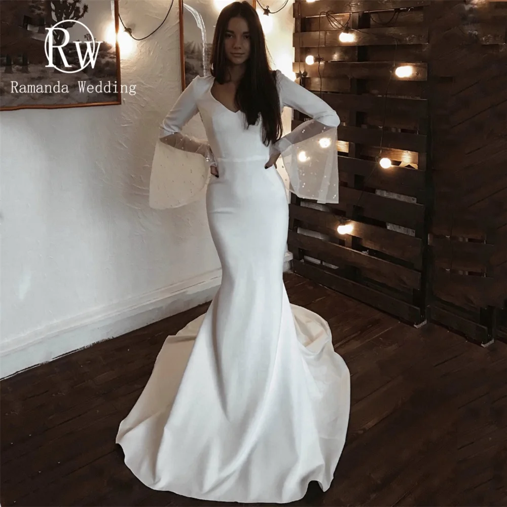 Ramanda-vestido de noiva feminino com mangas largas em V, vestido de noiva simples sem encosto, vestido de sereia, robe elegante