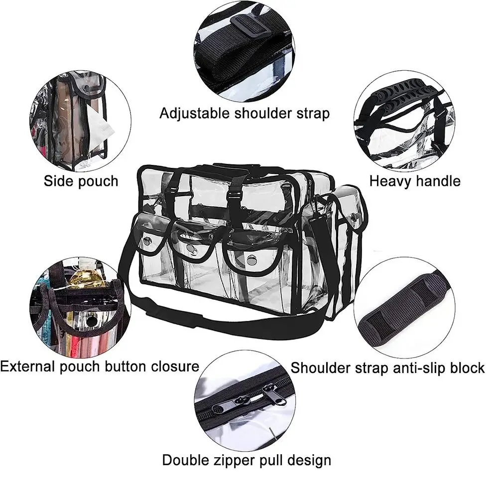 Cosmetics Bag Transparent Travel Makeup Bag with 5 External Pockets and Shoulder Strap Zippered Toiletry Carry Pouch Beach Bag