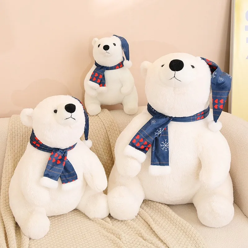 Kawaii White Polar Bear With Scarf Christmas Party Decor Plush Toys Cute Soft Stuffed Animal Peluche Bear Pillow Birthday Gifts