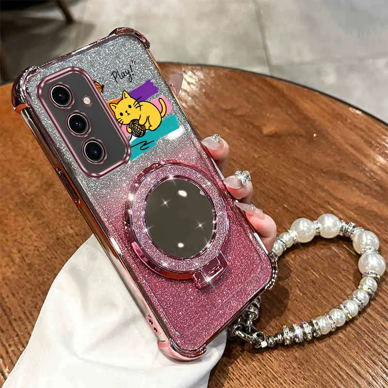 Pearl Strap Lanyard Glitter Lucky Cat Phone Holder Case For Samsung Galaxy S24 S20 S21 S22 S23 S25 FE Note 10 20 Plus + Ultra