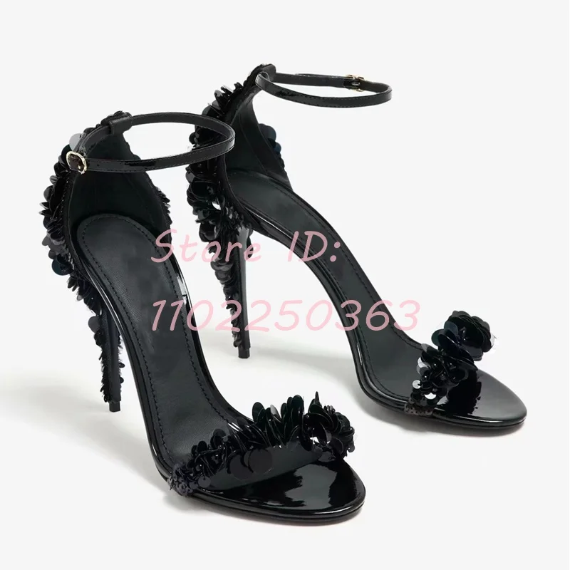 

Solid Bling Flowers Stiletto Sandals Round Toe Sequined Thin High Cover Heel Sandals Women Back Buckle Strap Fashion Shoes 2024